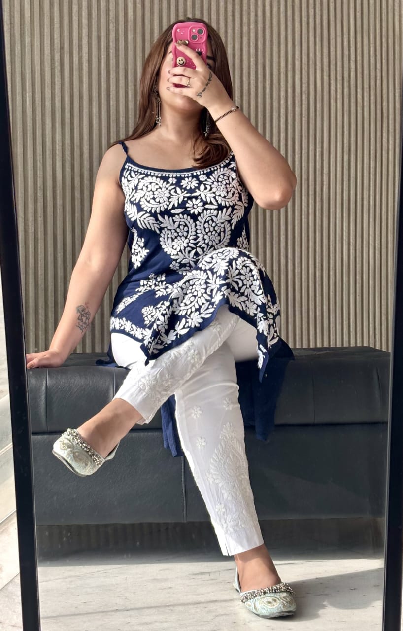 Neelkamal Rang-e-Nazaqat — Navy Blue Modal Noodle Strap Kurti with White Embroidery