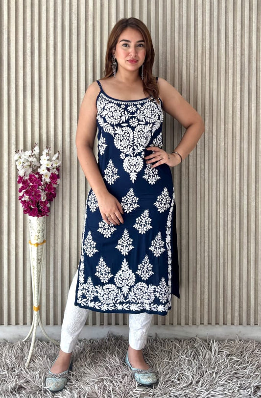 Neelkamal Rang-e-Nazaqat — Navy Blue Modal Noodle Strap Kurti with White Embroidery