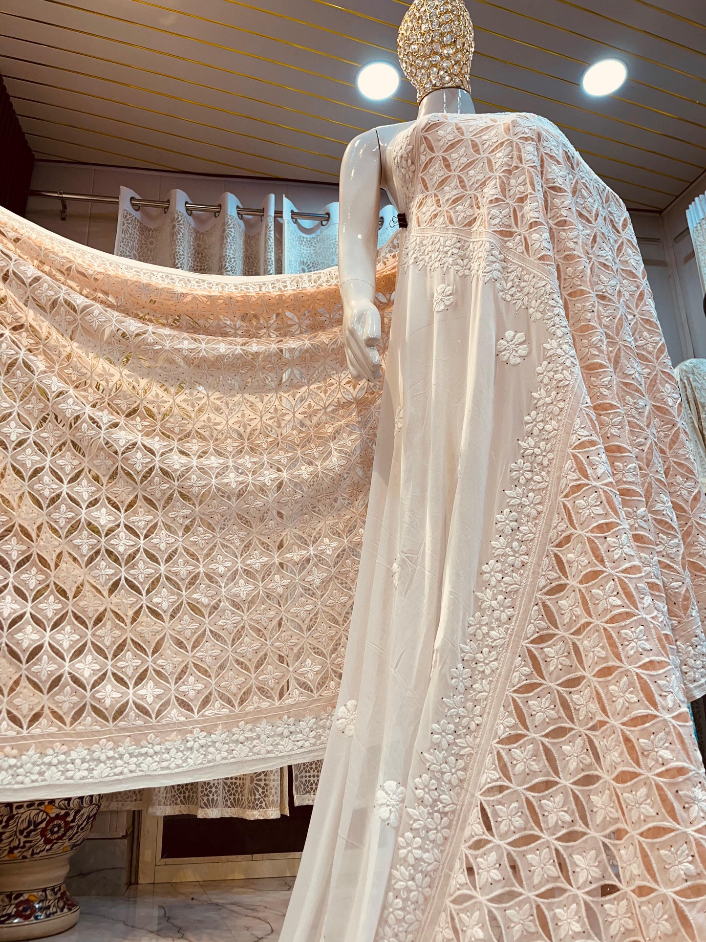 Nazaqat Bahaar-e-Zar — The Imperial Georgette Sari with Regal Chikankari Appliqué & Mukaish Splendor”
