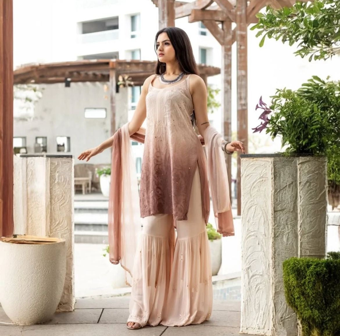 Noor-e-Zameen — Ombré Beige & Brown Chikankari & Mukaish Ensemble