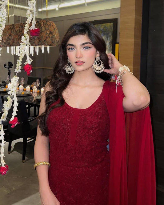 Gulnaar-e-Shahi — Scarlet Chikankari Viscose Set with Mukaish