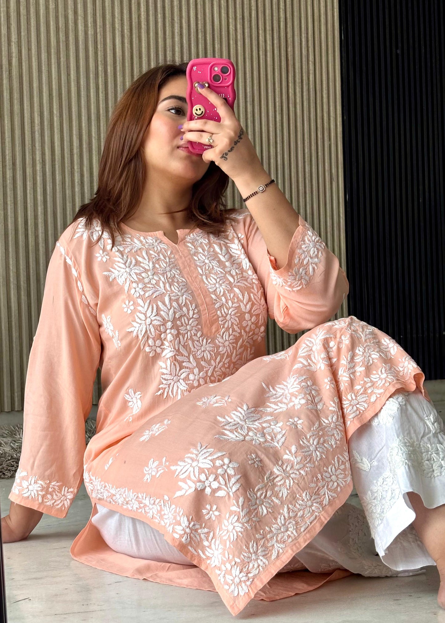 Gulbahaar Rang-e-Nazaqat — Light Coral Modal Kurti with Chikankari Embroidery