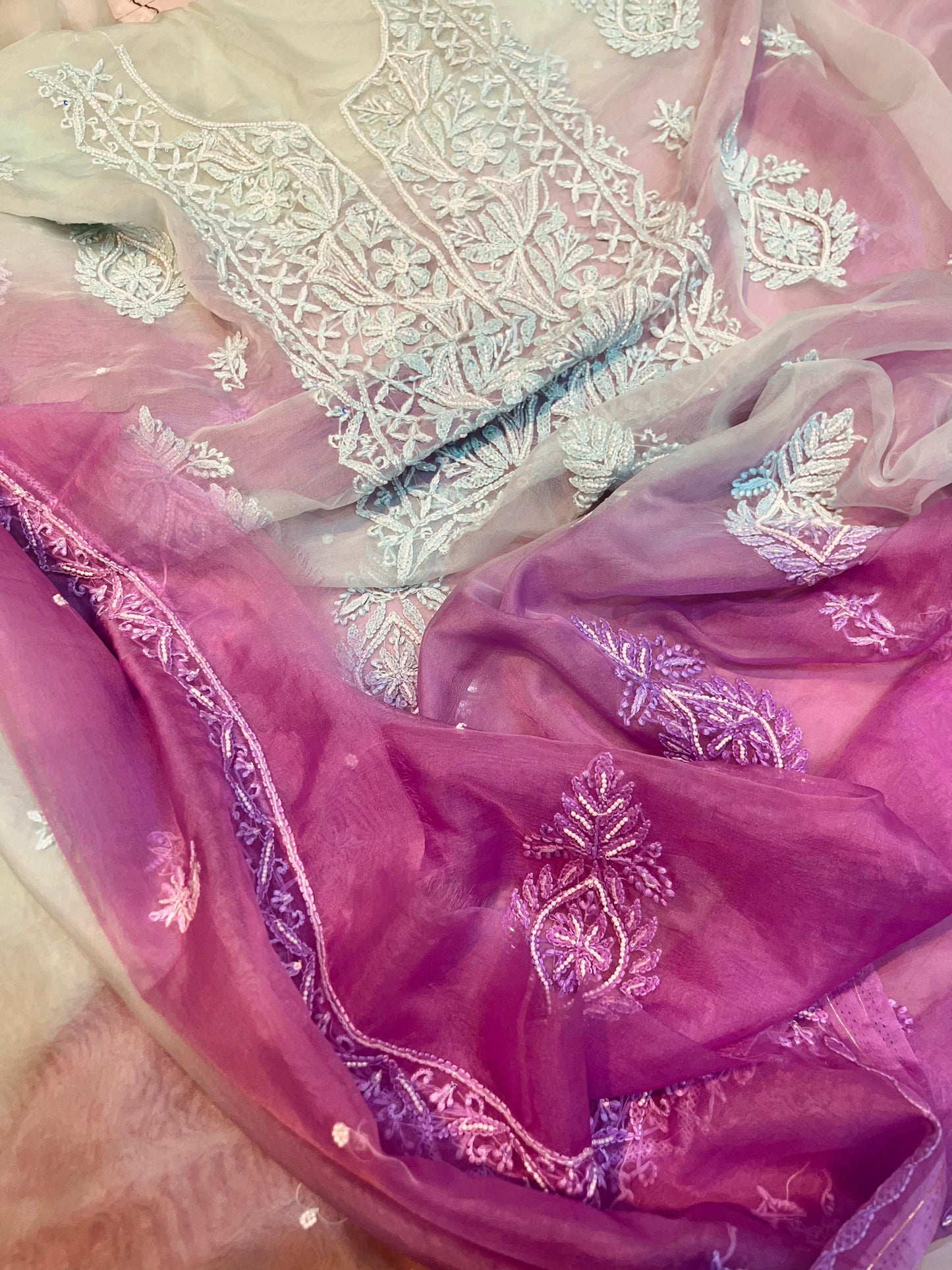 Nazaqat Rang-e-Noor — The Ombré Organza Symphony in White & Violet with Cut Dana Embellishment