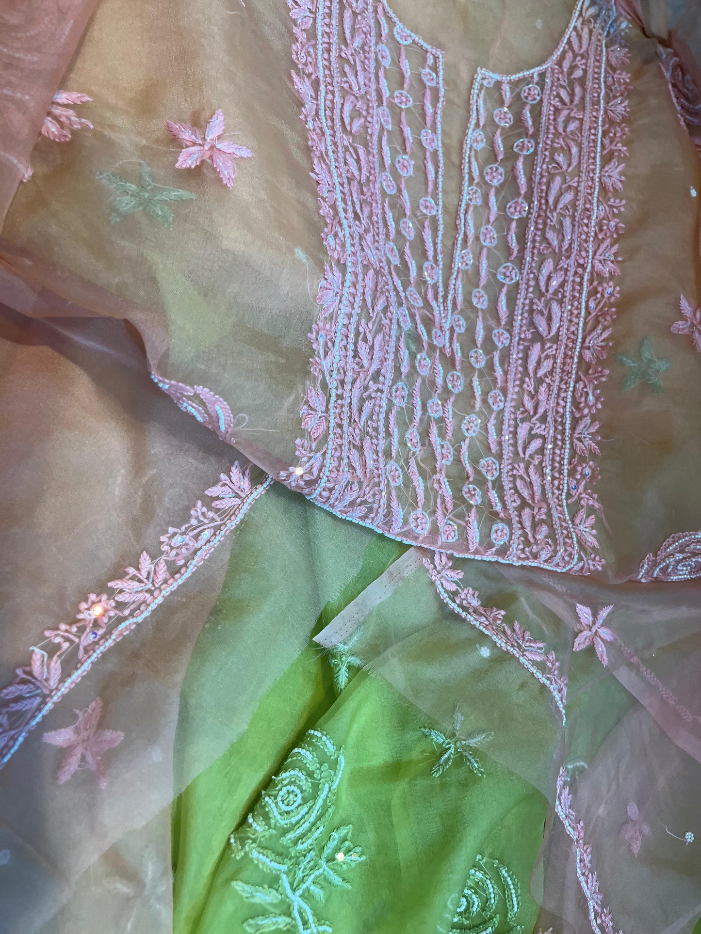 Nazaqat Gulistan — Pure Organza Peach & Green Kurta Dupatta with Cut Dana Grace