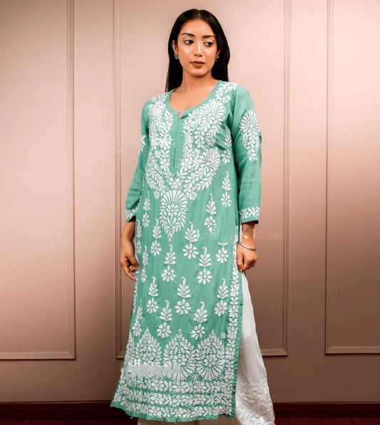 Masarrat Rang-e-Hunar — Luxurious Sage Green Modal Kurta with Heavy Embroidery