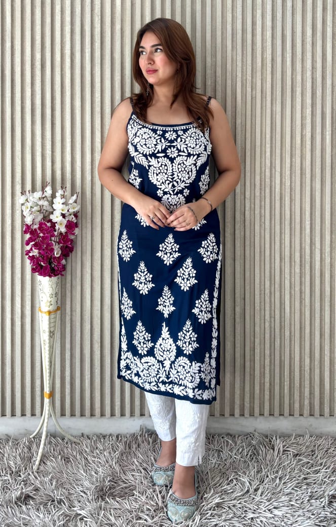 Neelkamal Rang-e-Nazaqat — Navy Blue Modal Noodle Strap Kurti with White Embroidery
