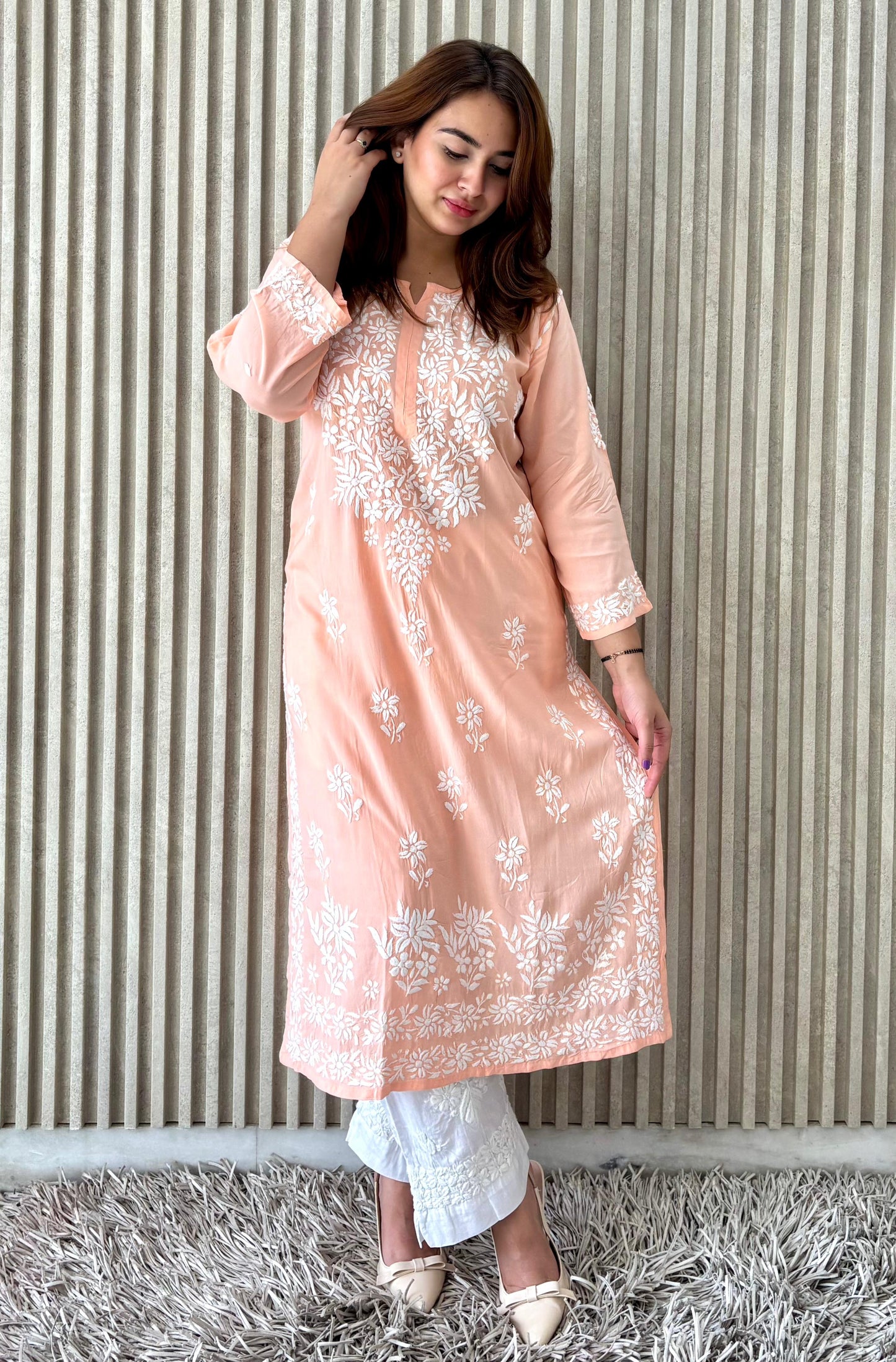 Gulbahaar Rang-e-Nazaqat — Light Coral Modal Kurti with Chikankari Embroidery