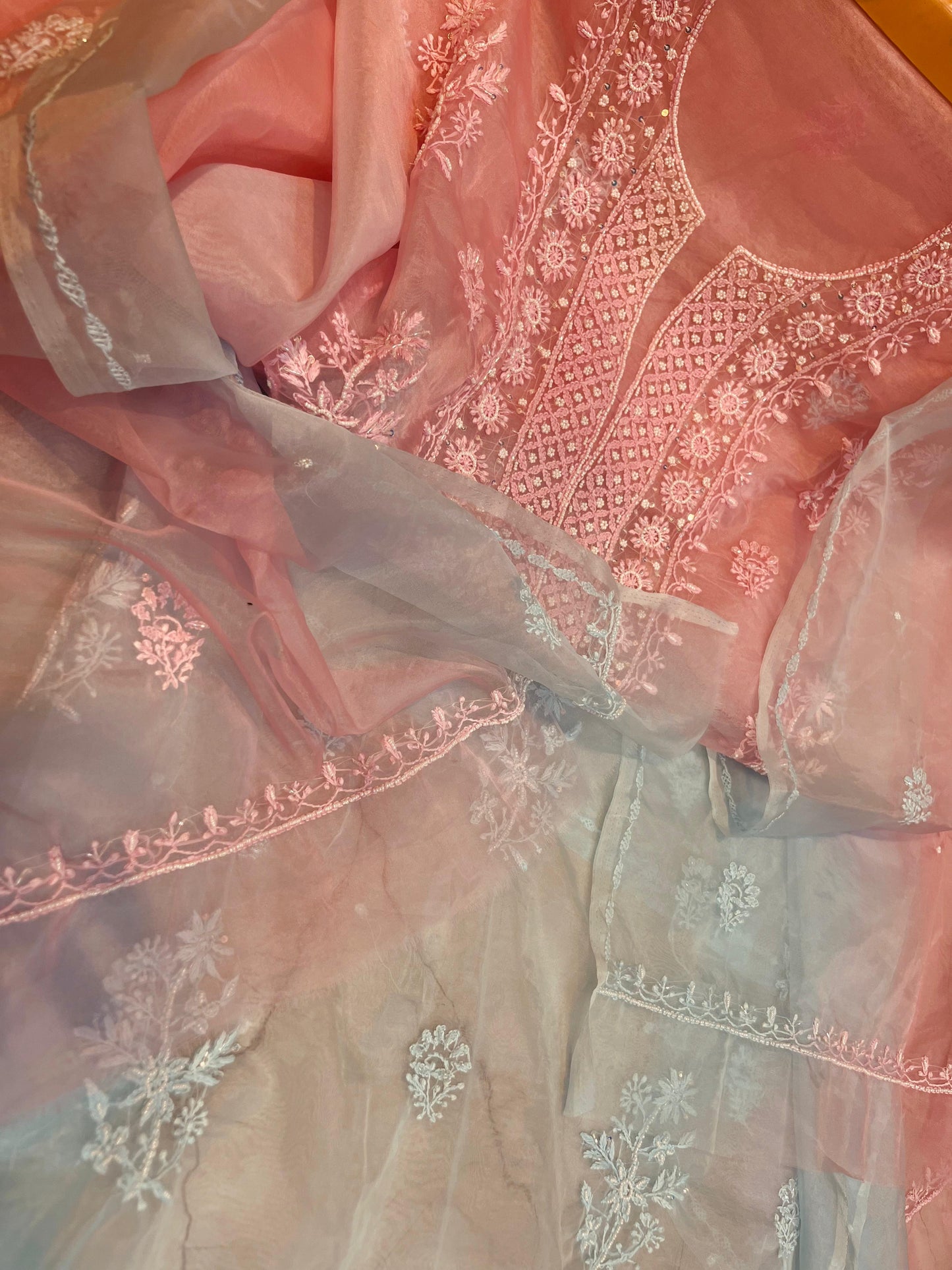 Nazaqat Shaam-e-Misri — The Tranquil Peach & Blue Ombré Organza Set with Cut Dana Radiance