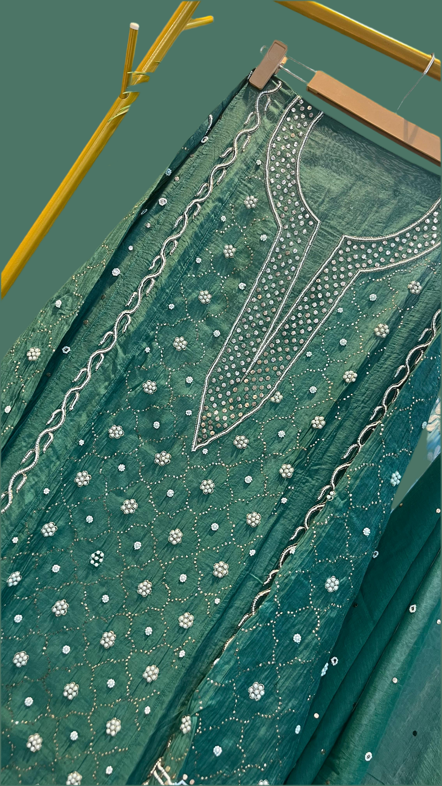 Nazaqat-Sabz-Bahaar — Green Mul Mul Anarkali Embellished with Mukaish and Pearls