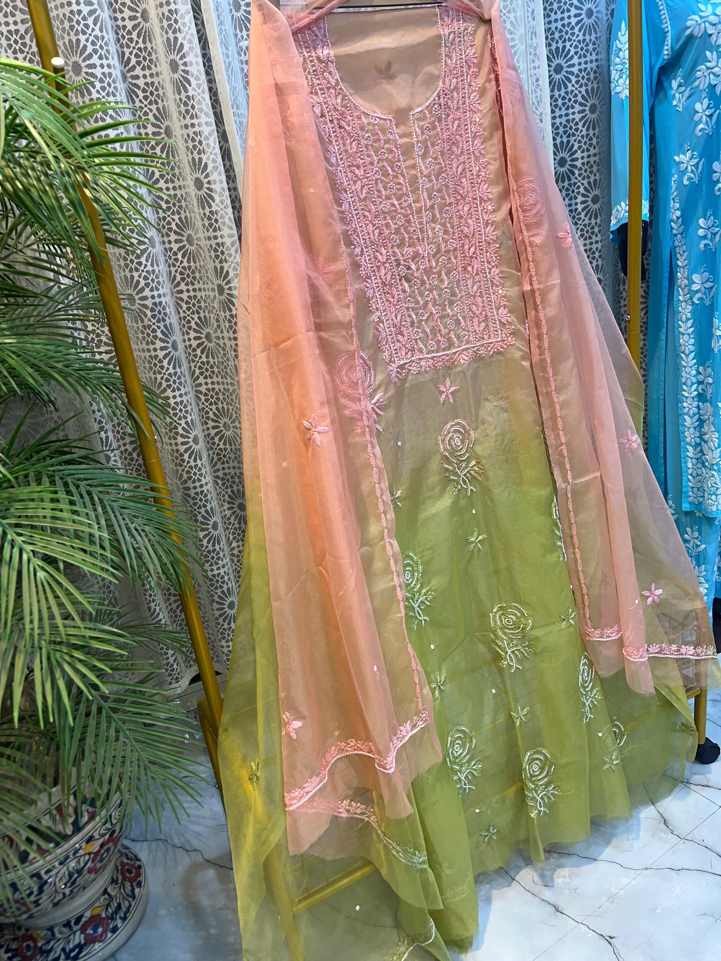 Nazaqat Gulistan — Pure Organza Peach & Green Kurta Dupatta with Cut Dana Grace