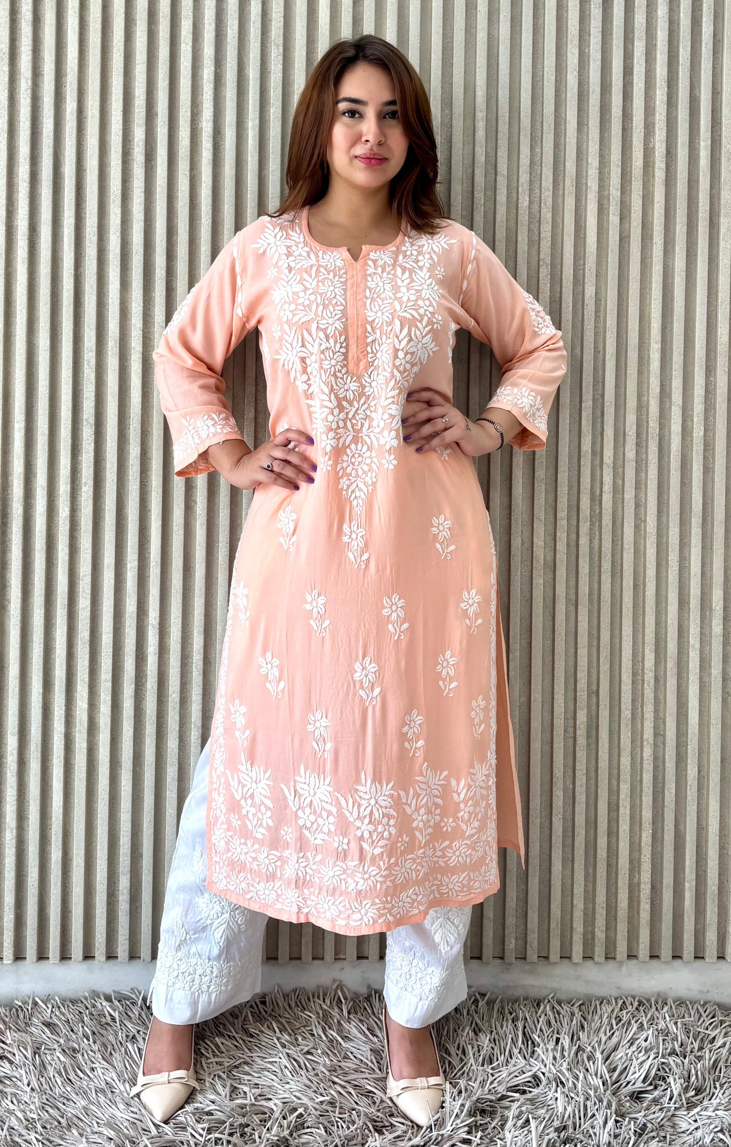 Gulbahaar Rang-e-Nazaqat — Light Coral Modal Kurti with Chikankari Embroidery