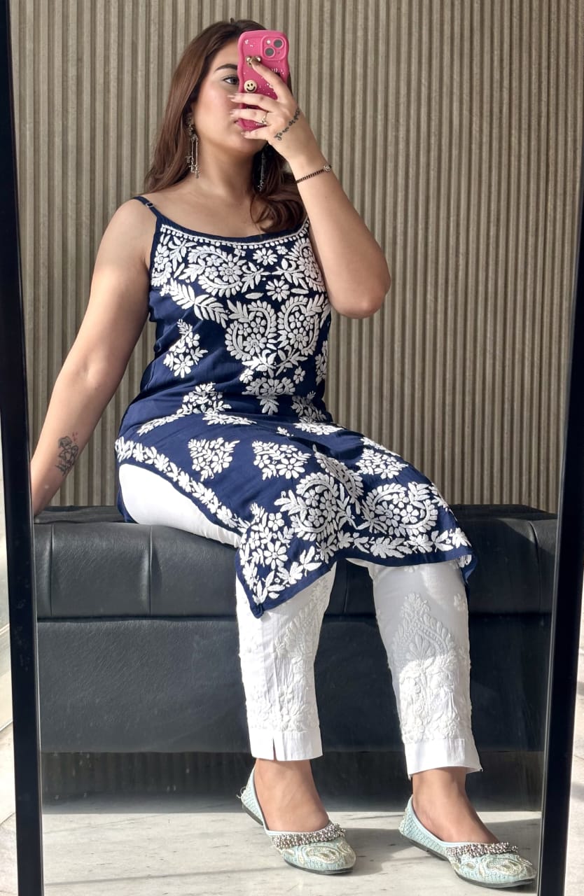 Neelkamal Rang-e-Nazaqat — Navy Blue Modal Noodle Strap Kurti with White Embroidery
