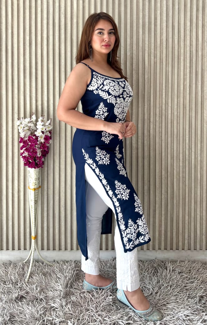 Neelkamal Rang-e-Nazaqat — Navy Blue Modal Noodle Strap Kurti with White Embroidery