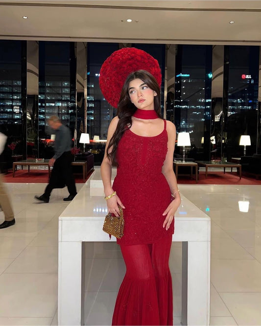 Gulnaar-e-Shahi — Scarlet Chikankari Viscose Set with Mukaish