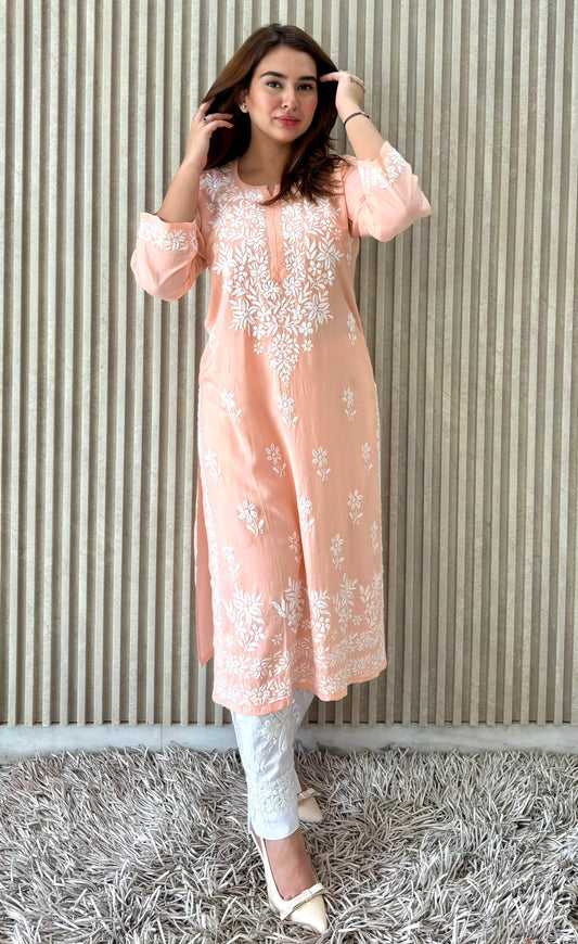 Gulbahaar Rang-e-Nazaqat — Light Coral Modal Kurti with Chikankari Embroidery