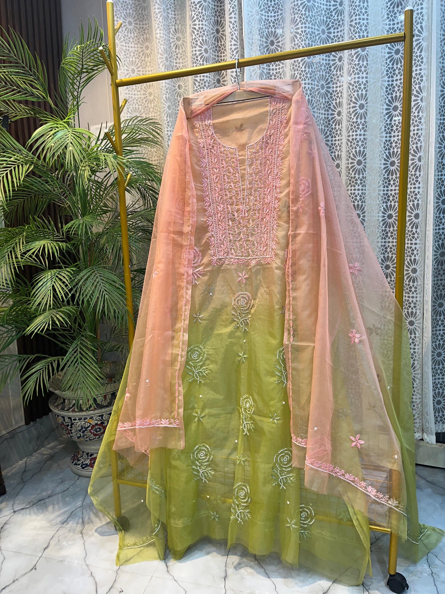 Nazaqat Gulistan — Pure Organza Peach & Green Kurta Dupatta with Cut Dana Grace