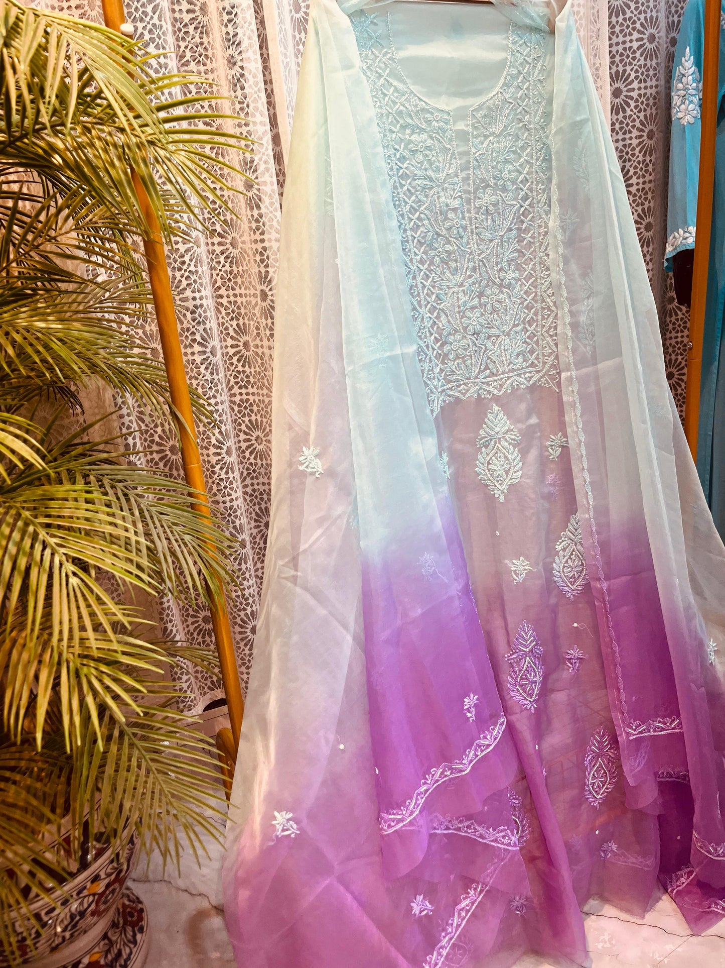Nazaqat Rang-e-Noor — The Ombré Organza Symphony in White & Violet with Cut Dana Embellishment