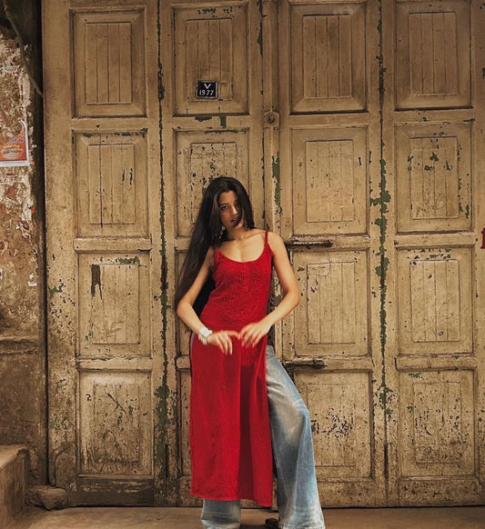 Gulnaar Noodle Strap Rayon Kurti with Handcrafted Chikankari