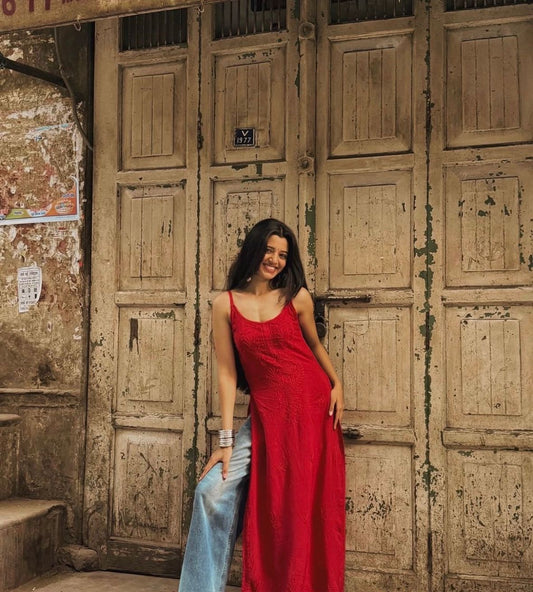 Gulnaar Noodle Strap Rayon Kurti with Handcrafted Chikankari