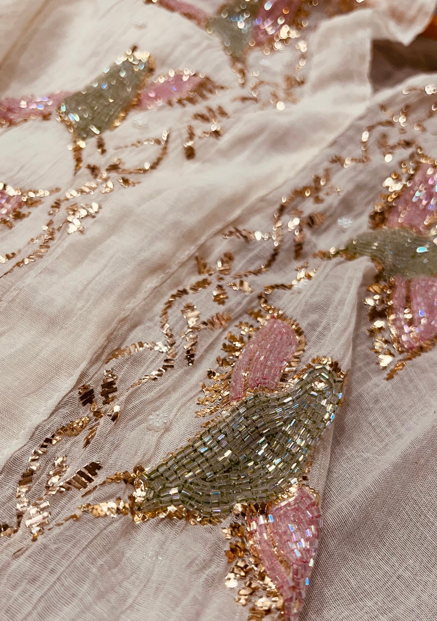 Nazaqat Noor-e-Safed — Regal White Mul Designer Cord Set Adorned with Pink & Green Cut Dana Majesty