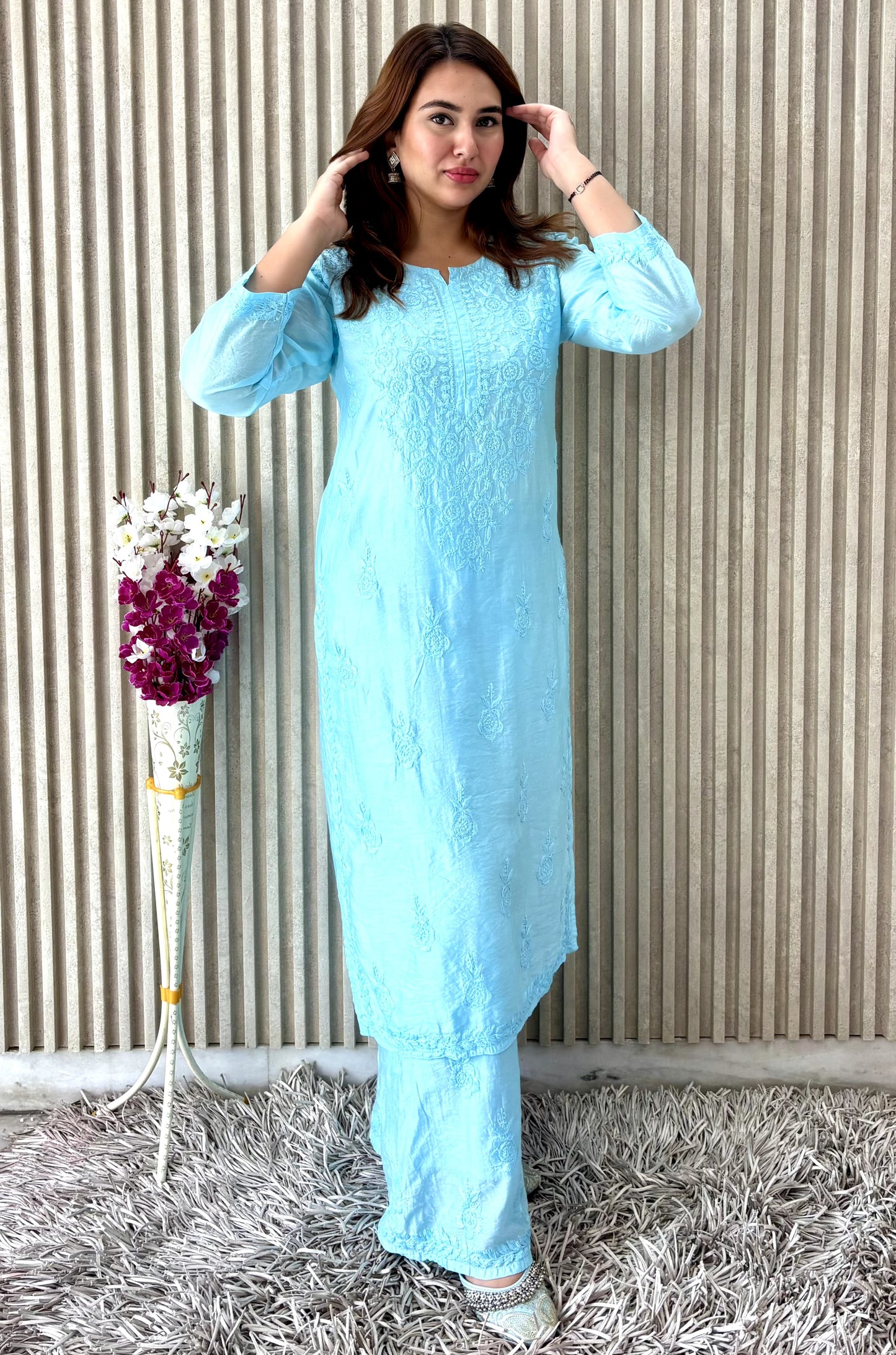 Asmani Rang-e-Nazaqat — Sky Blue Pure Chanderi Plazo Set