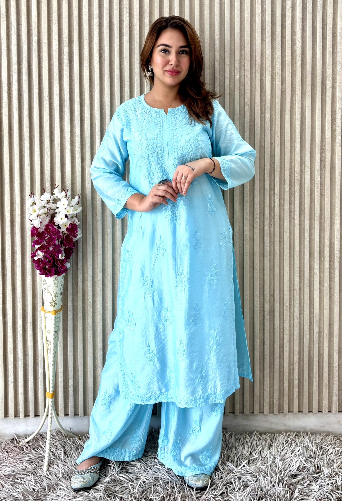 Asmani Rang-e-Nazaqat — Sky Blue Pure Chanderi Plazo Set