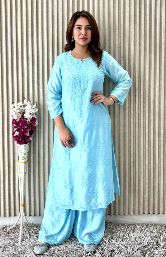Asmani Rang-e-Nazaqat — Sky Blue Pure Chanderi Plazo Set