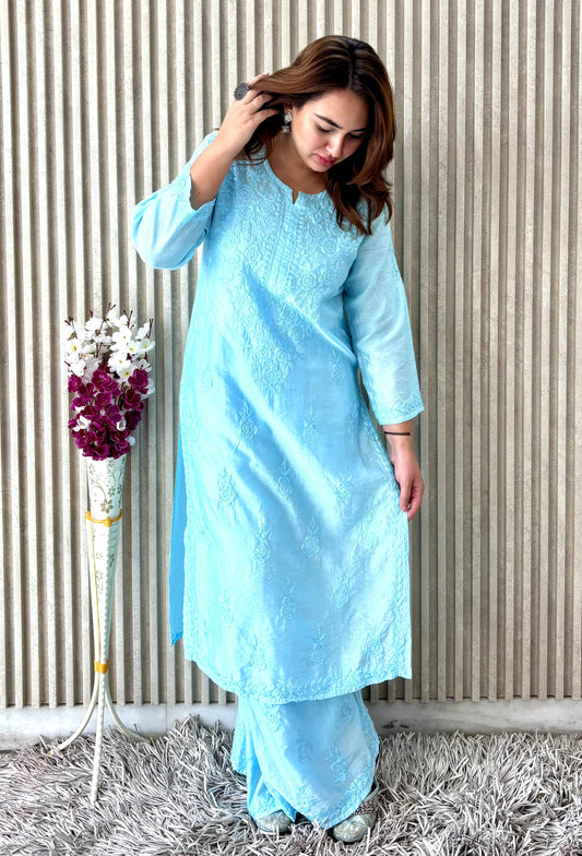 Asmani Rang-e-Nazaqat — Sky Blue Pure Chanderi Plazo Set