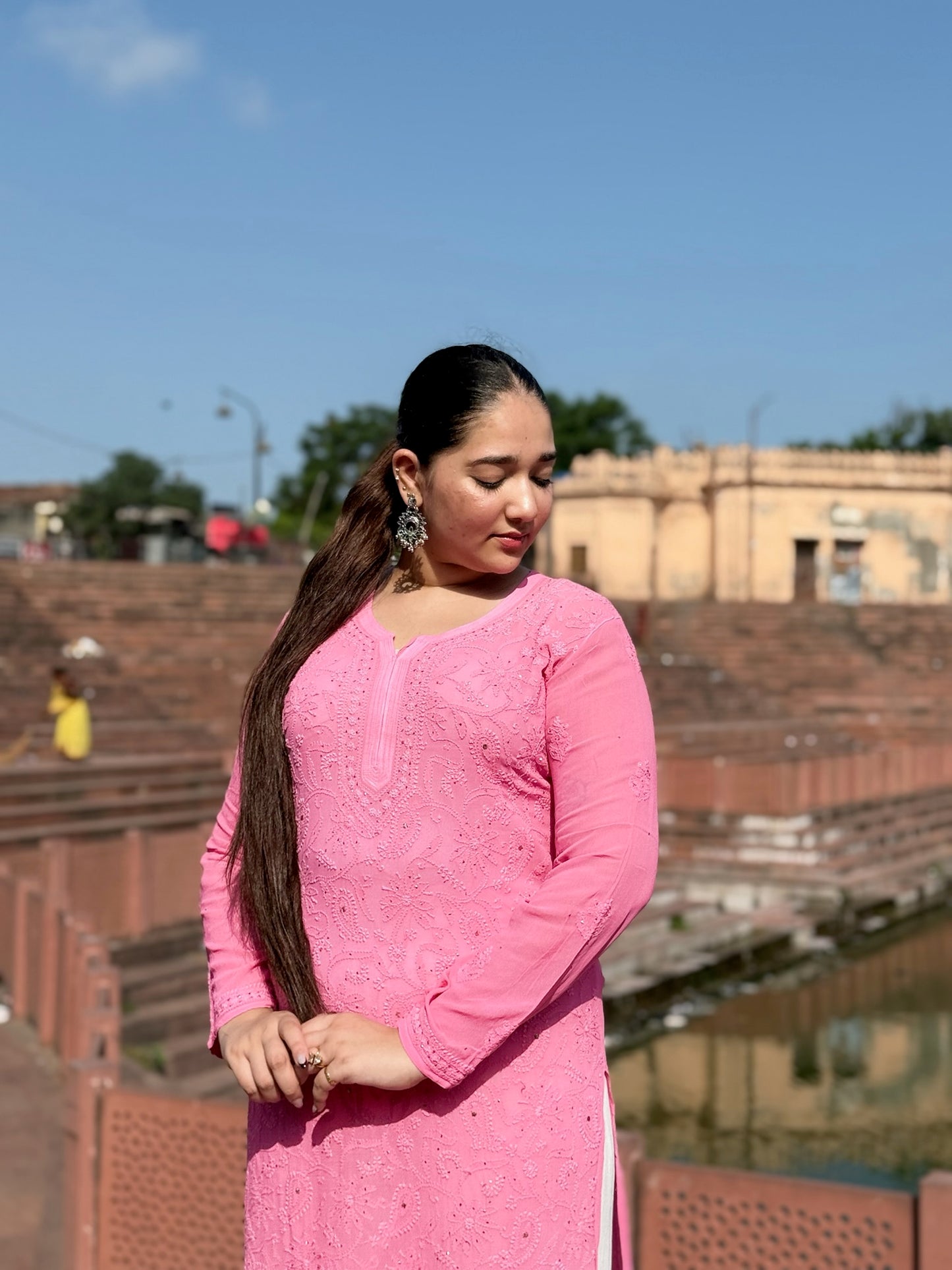 Gul-E-Falak: Flamingo Pink Viscose Kurti with Jaal Chikankari & Mukaish Sparkle