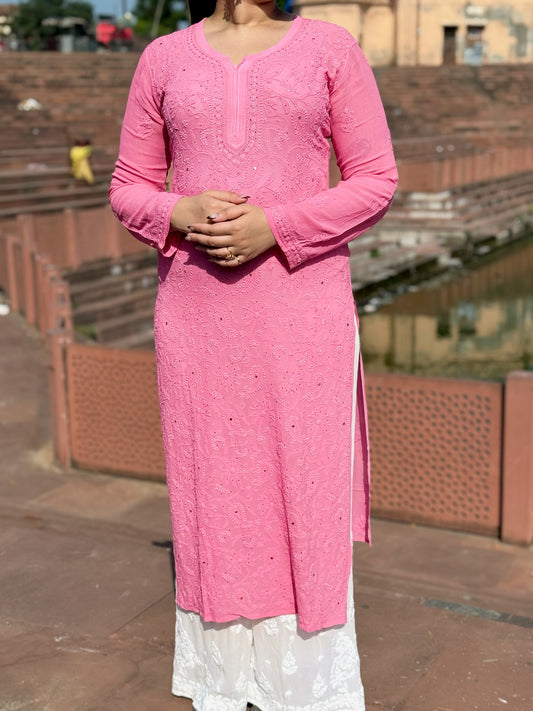 Gul-E-Falak: Flamingo Pink Viscose Kurti with Jaal Chikankari & Mukaish Sparkle