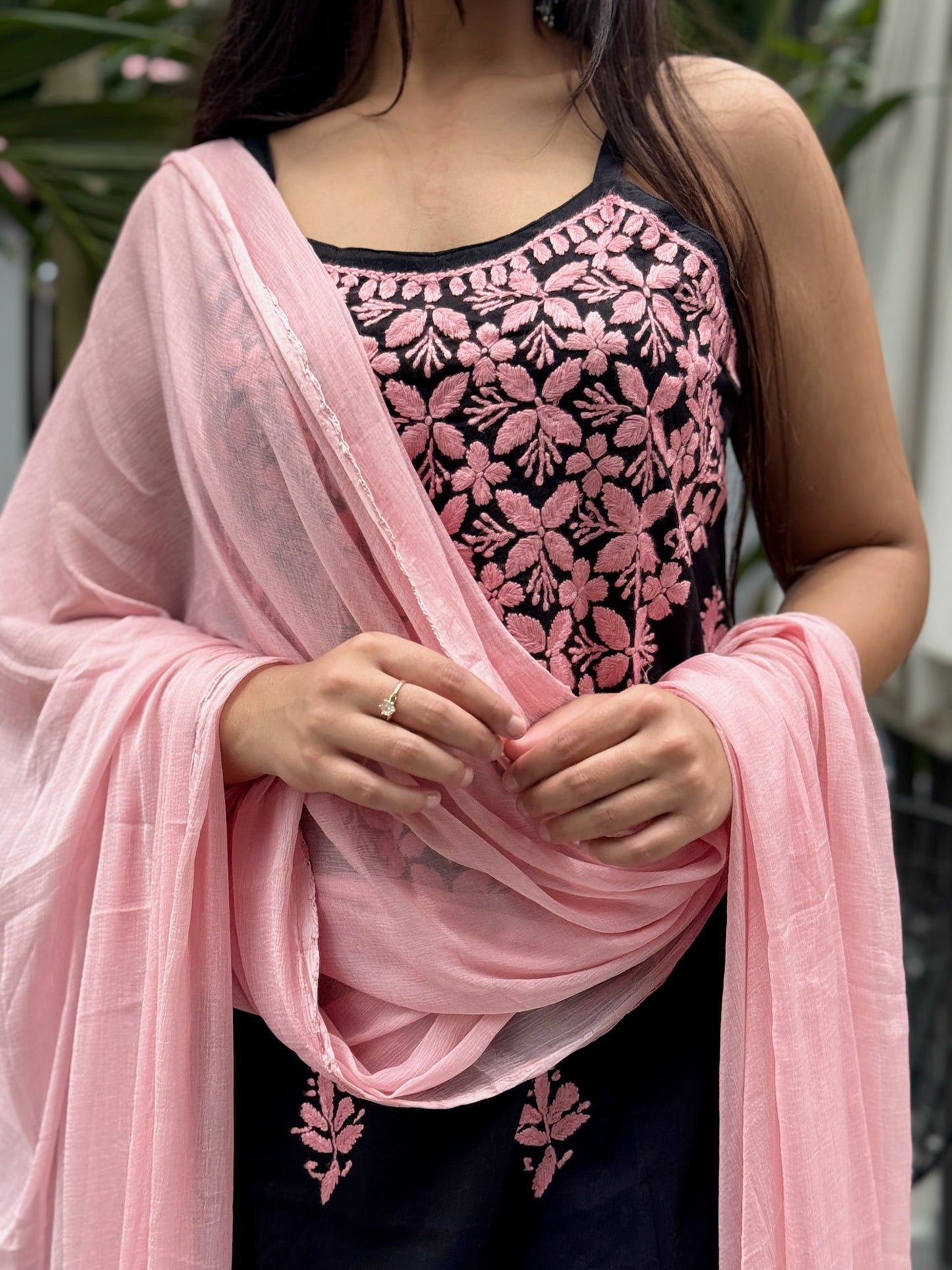 Shab-E-Gul: Black & Blush Chikankari Cotton Ensemble