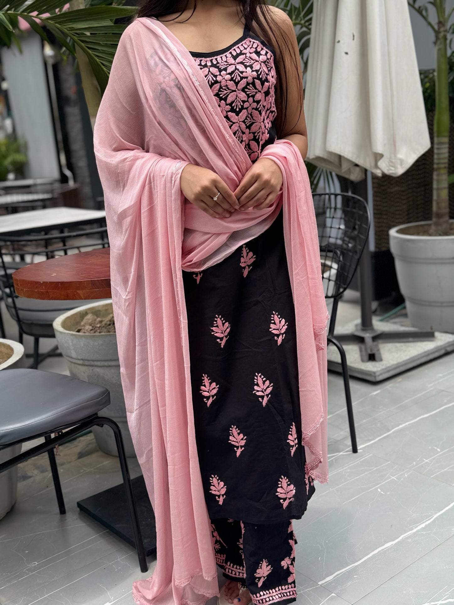 Shab-E-Gul: Black & Blush Chikankari Cotton Ensemble