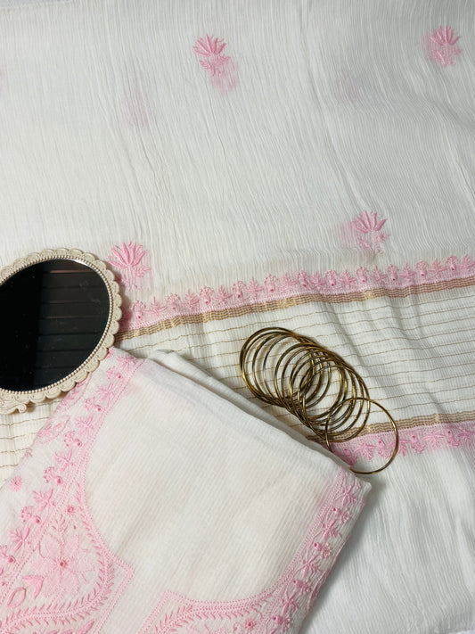 Ishq-e-Gulab — White Maheshwari Silk with Rose Pink 1-Taar Chikankari