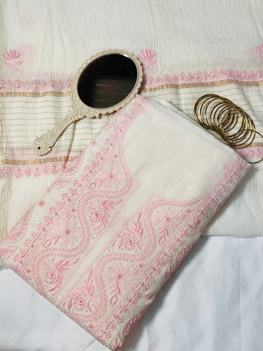 Ishq-e-Gulab — White Maheshwari Silk with Rose Pink 1-Taar Chikankari