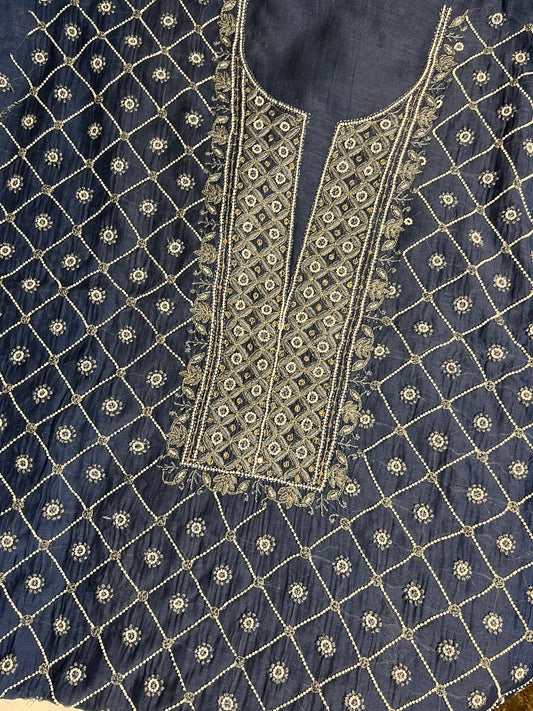Gulzaar-E-Neel: Indigo Chikankari Mul Set With Pearl & Tilla Embellishments