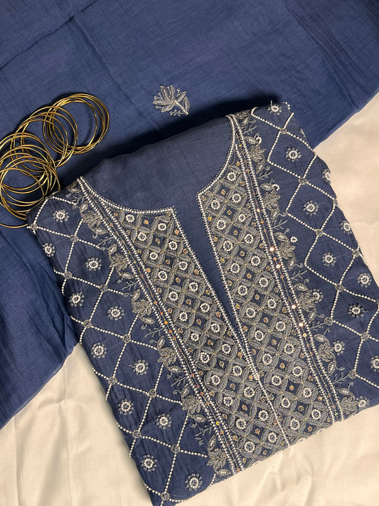 Gulzaar-E-Neel: Indigo Chikankari Mul Set With Pearl & Tilla Embellishments