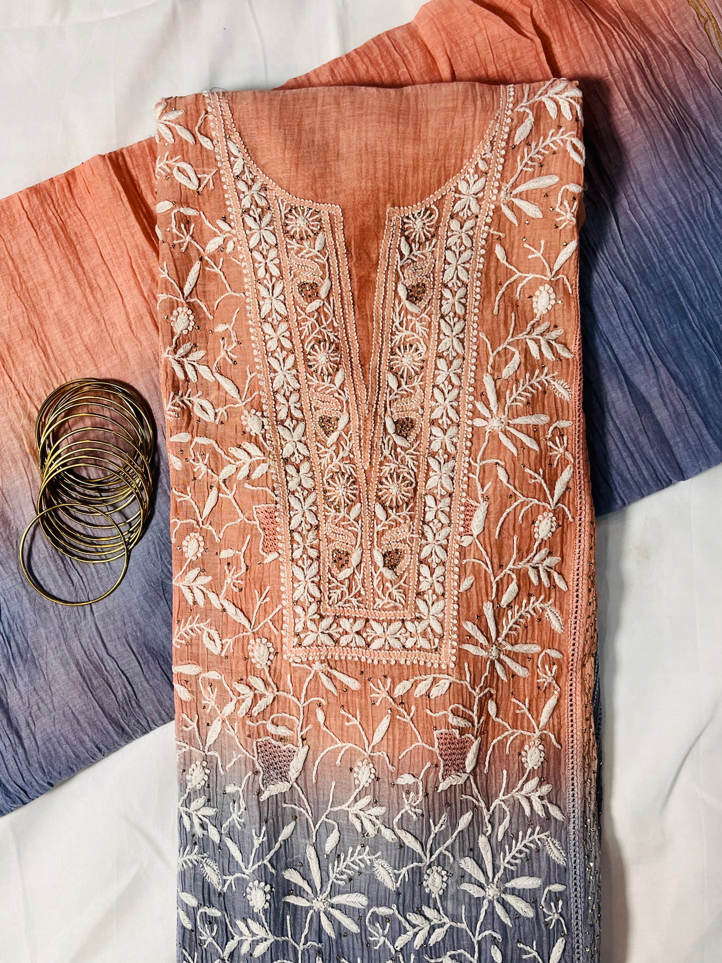 Saahil-E-Falak: Ombré Chikankari Set with Mukaish Glimmers