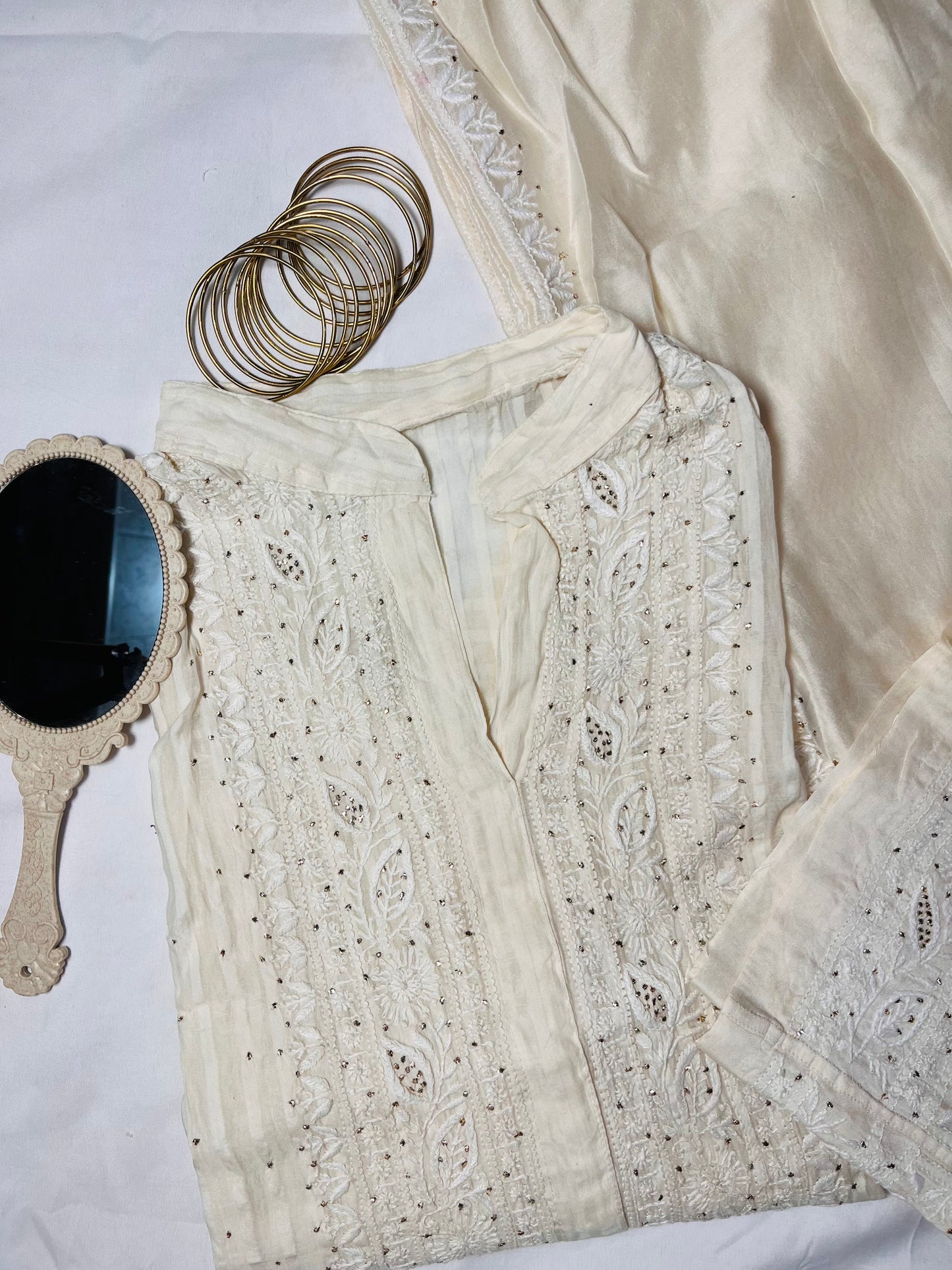 Noor-E-Haya: Ivory Chikankari Co-ord with Mukaish & 1-Taar Elegance