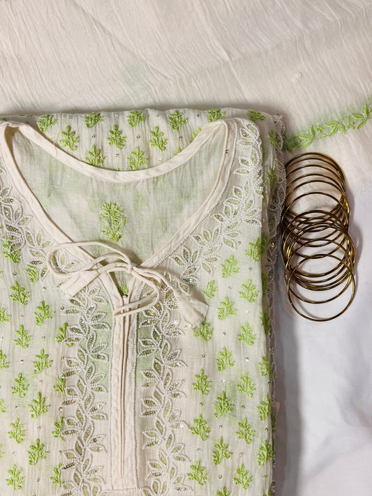 Begum-e-Banaras – Unstitched Regal Mul Set with Hand-Embroidered Green Chikankari & Cut Dana