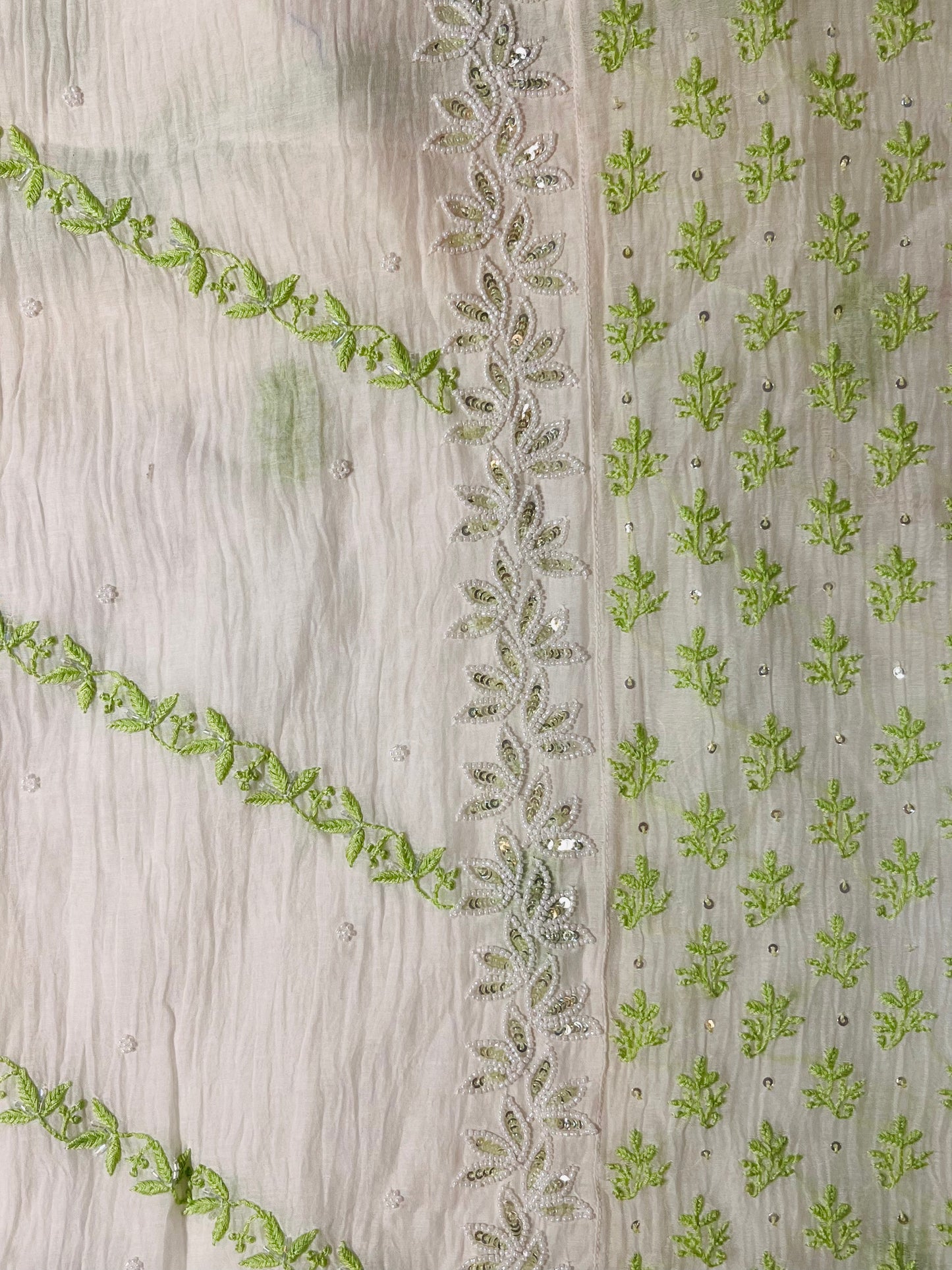 Begum-e-Banaras – Unstitched Regal Mul Set with Hand-Embroidered Green Chikankari & Cut Dana