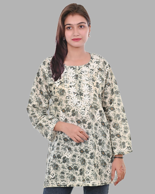 Blooming Grace: Mul Mul Floral Short Kurta