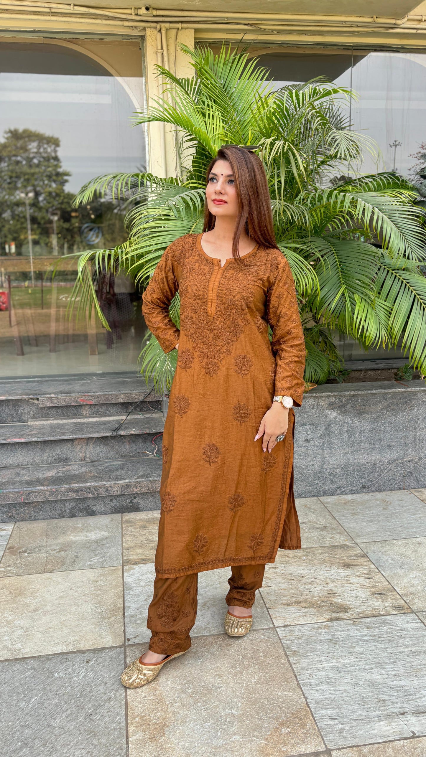 Zameen-E-Noor:Burnt Umber Chanderi Set With Tone to Tone Embroidery