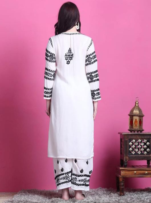 Noor-E-Nazaqat White Modal Bangle Sleeve Set With Black Chikankari