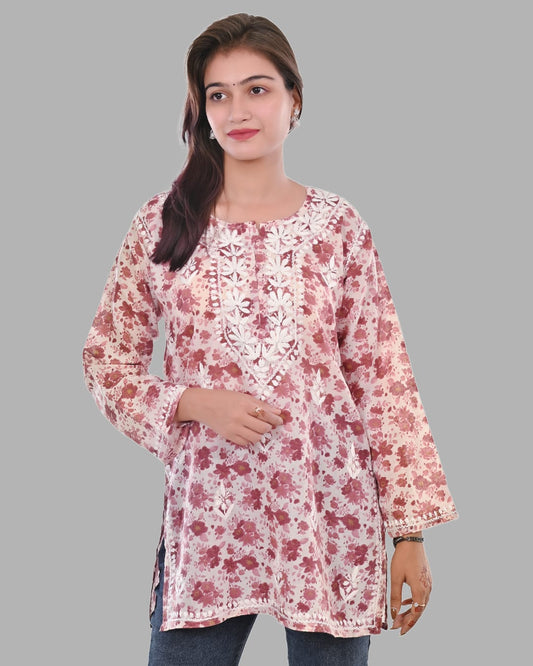 Blooming Grace: Mul Mul Floral Short Kurta