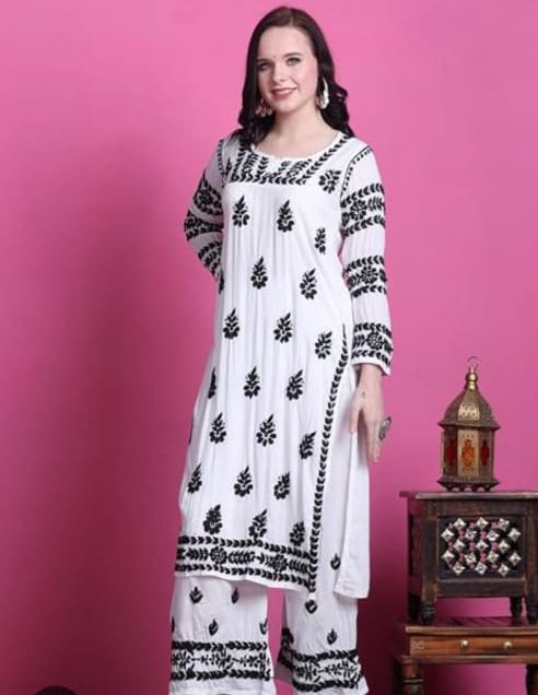 Noor-E-Nazaqat White Modal Bangle Sleeve Set With Black Chikankari