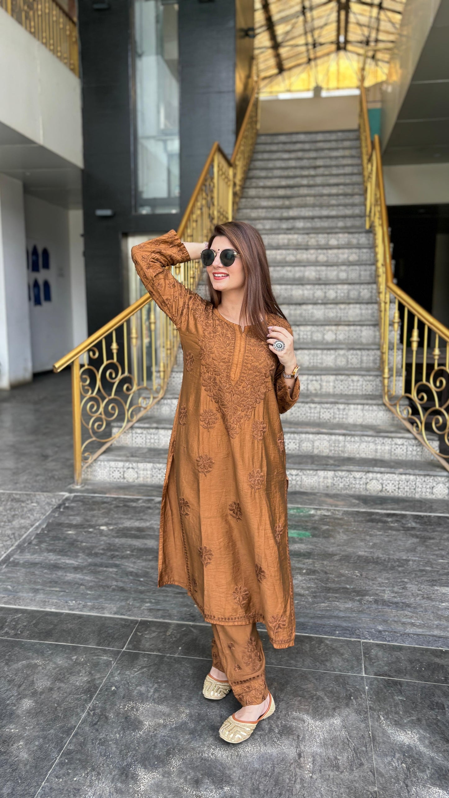 Zameen-E-Noor:Burnt Umber Chanderi Set With Tone to Tone Embroidery