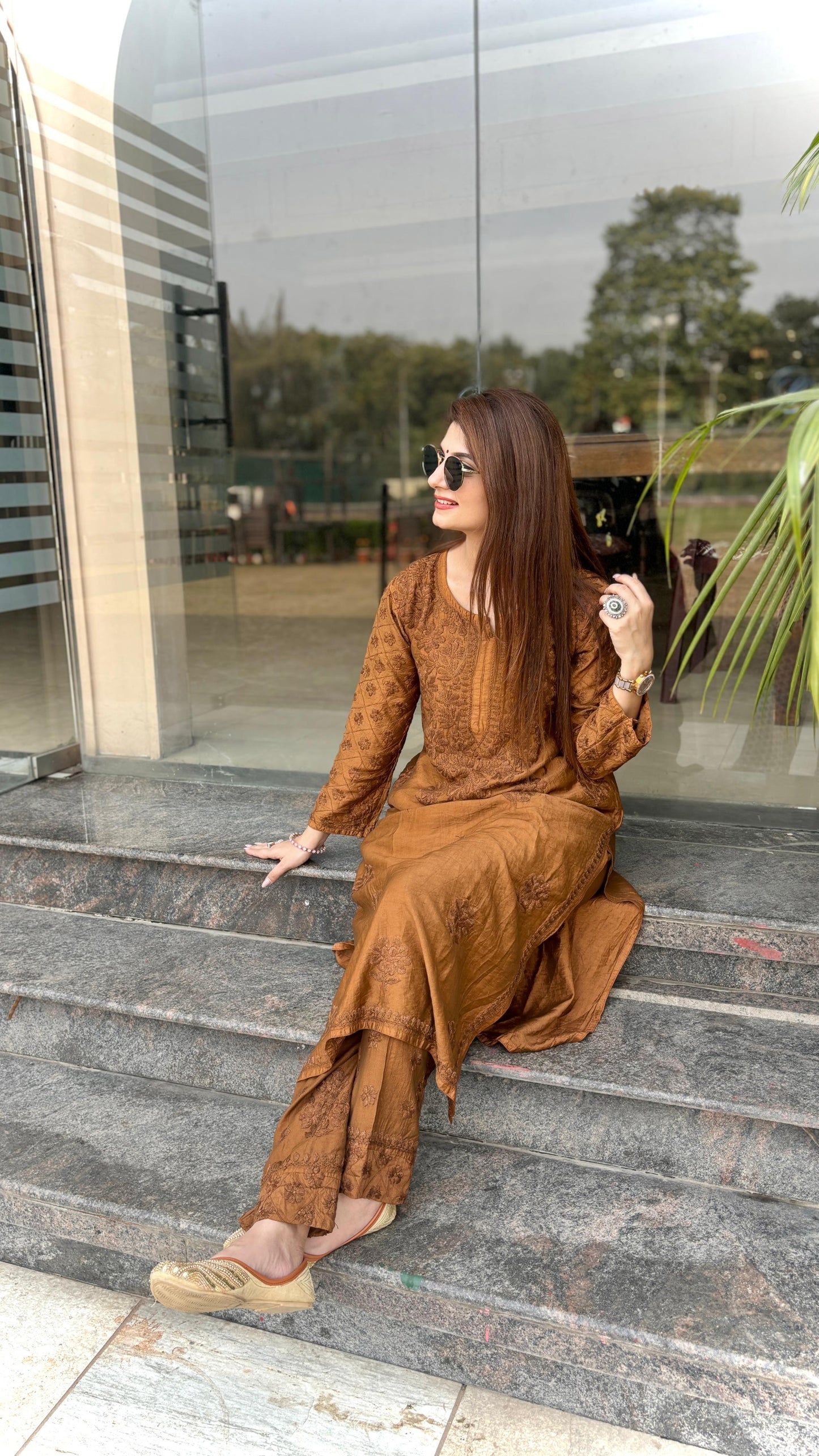 Zameen-E-Noor:Burnt Umber Chanderi Set With Tone to Tone Embroidery