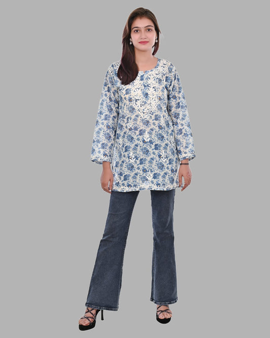 Blooming Grace: Mul Mul Floral Short Kurta