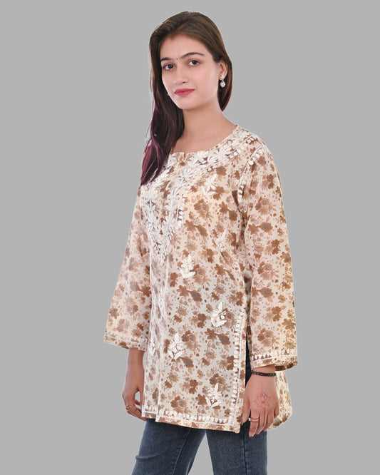 Blooming Grace: Mul Mul Floral Short Kurta
