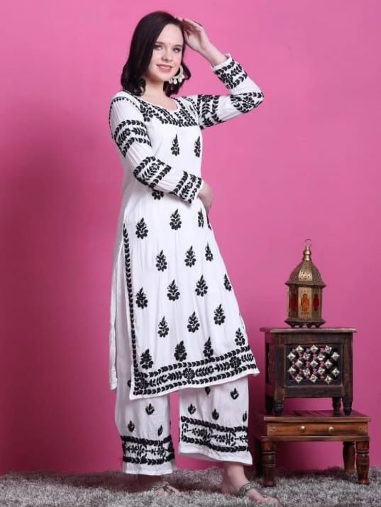 Noor-E-Nazaqat White Modal Bangle Sleeve Set With Black Chikankari